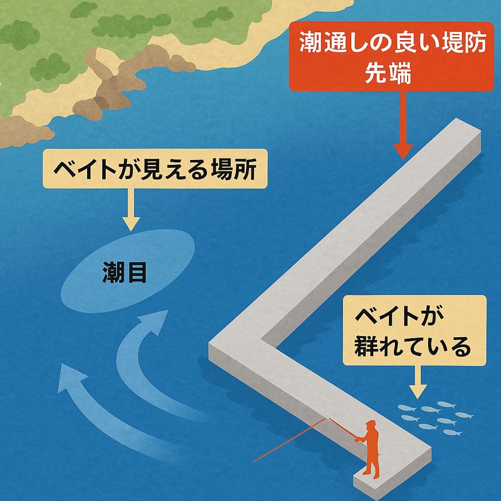 潮通しの良い堤防先端とベイトが見える場所