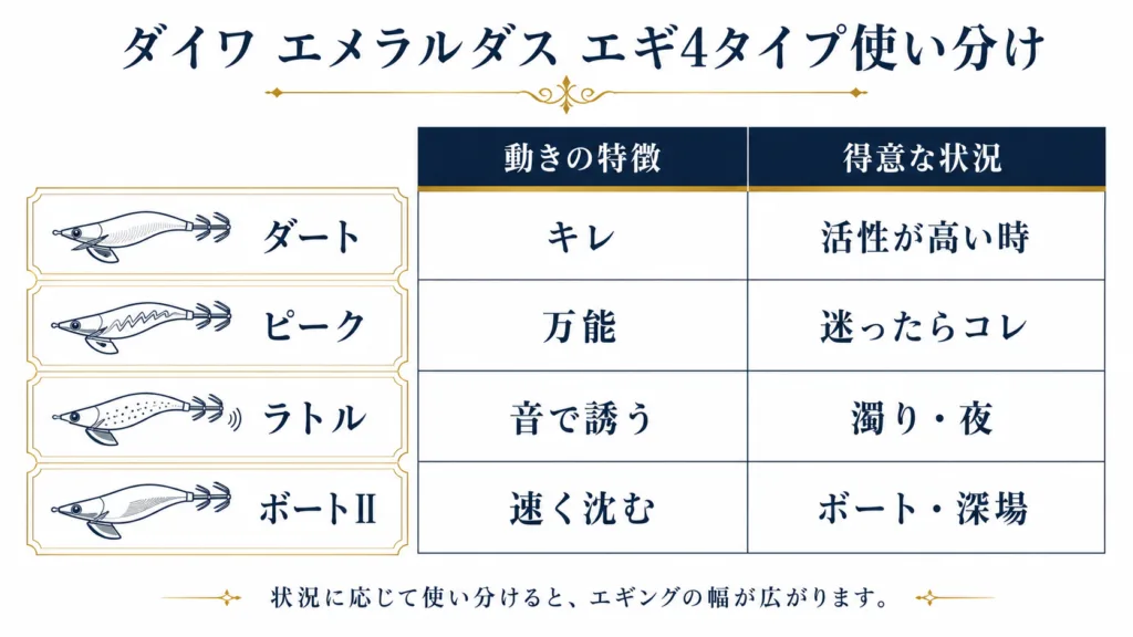 ダイワエメラルダスエギ4タイプ使い分け