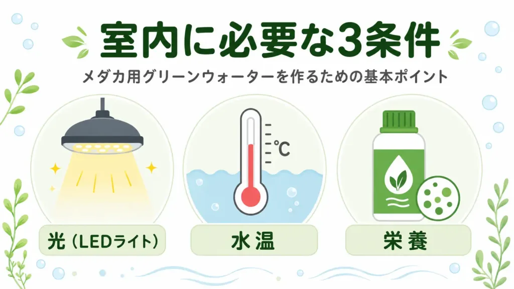 室内でグリーンウォーターを作るのに必要な3条件