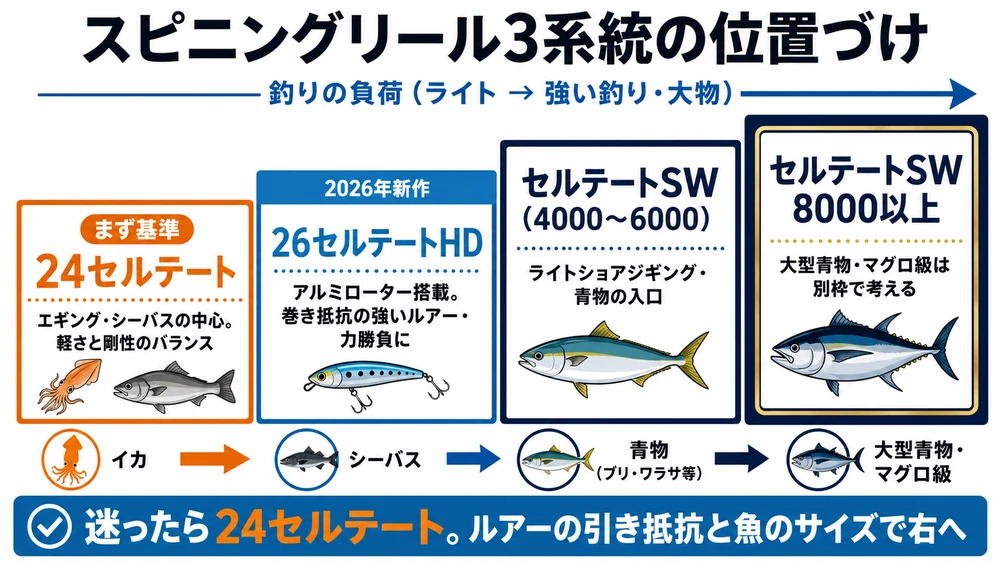 セルテートの種類比較 24・26HD・SWの違いと選び方マップ
