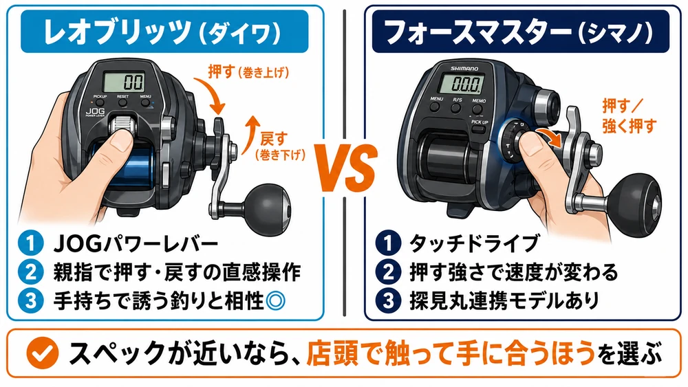 レオブリッツとフォースマスターの違い比較図 JOGとタッチドライブの操作の違い