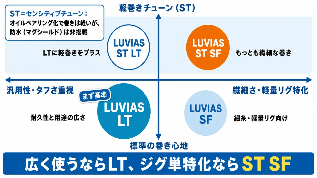 24ルビアスLT・SF・ST・ST SFの立ち位置を比較した図解