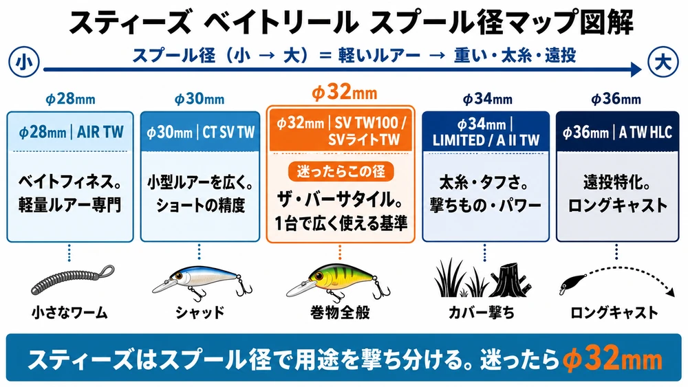 スティーズベイトリールのスプール径マップ 28から36mmの用途別使い分け