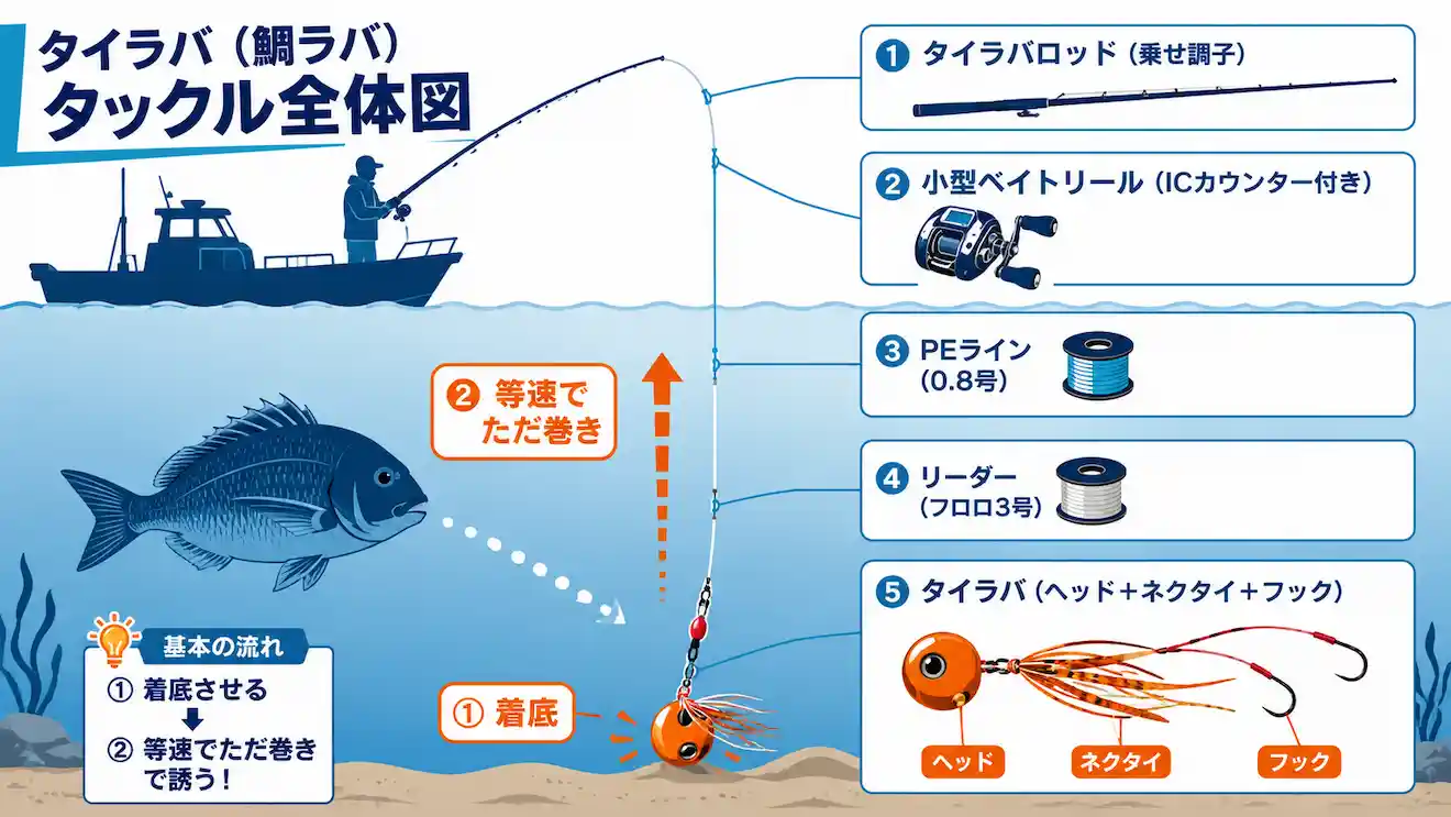 タイラバのタックル全体図 紅牙シリーズの構成と釣り方の流れ